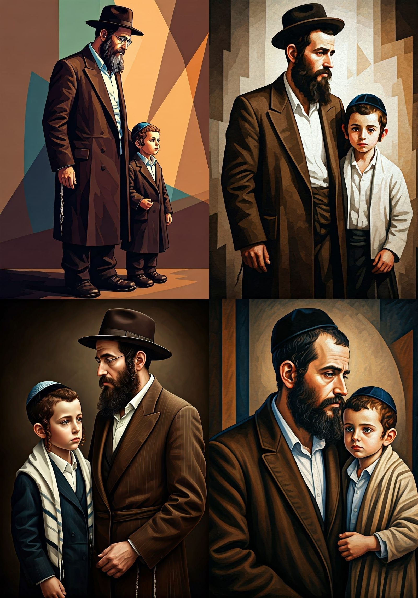 Orthodox Jewish Man with Child in Abstract Cubist Style