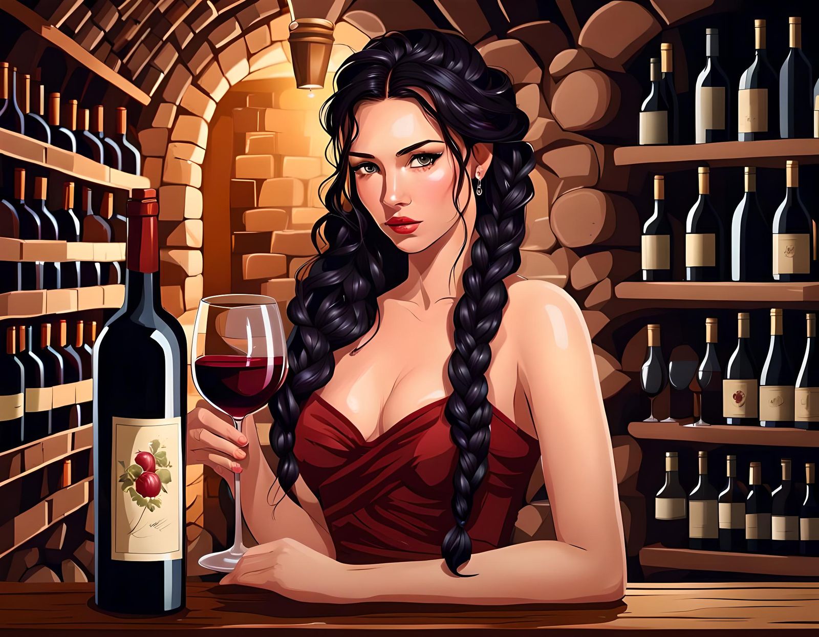 Romantic Evening: Girl Drinking Wine in Cellar