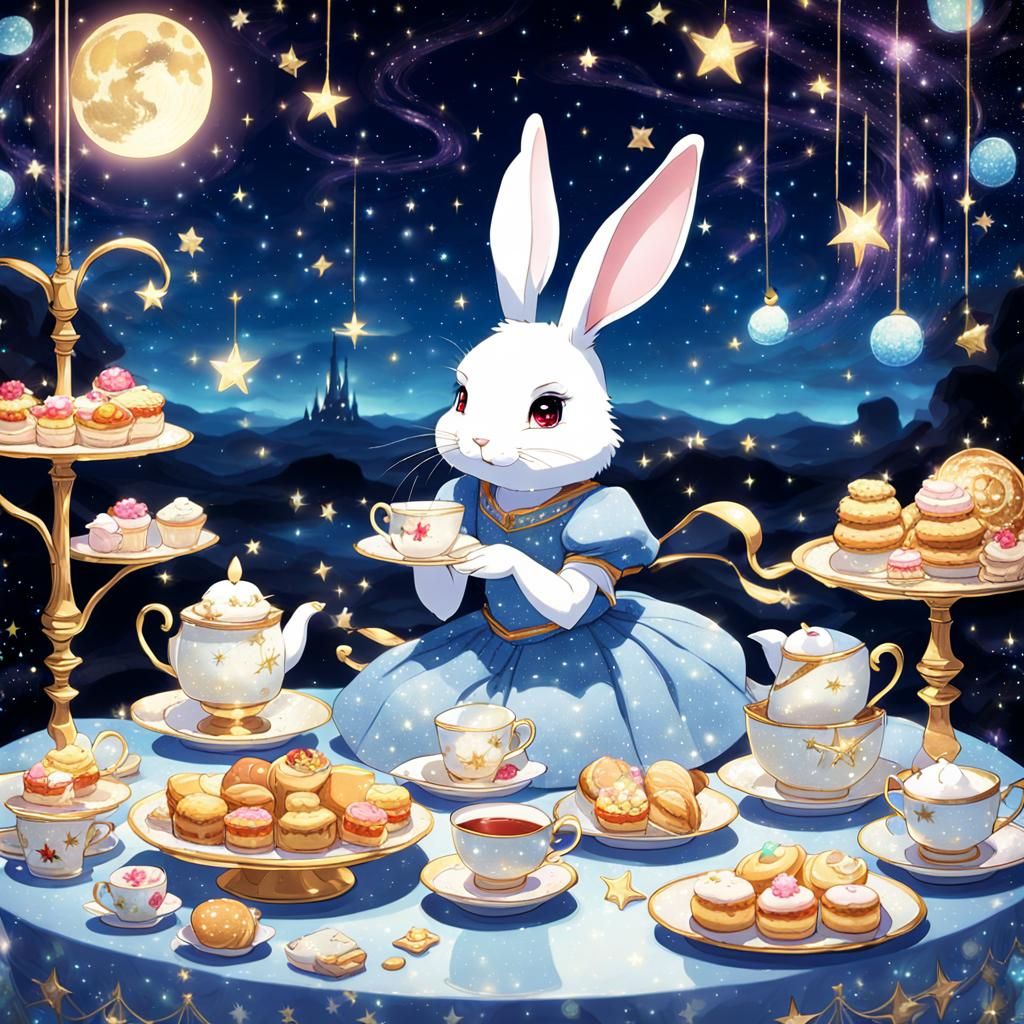 Celestial Tea Party with Rabbit in Anime Style