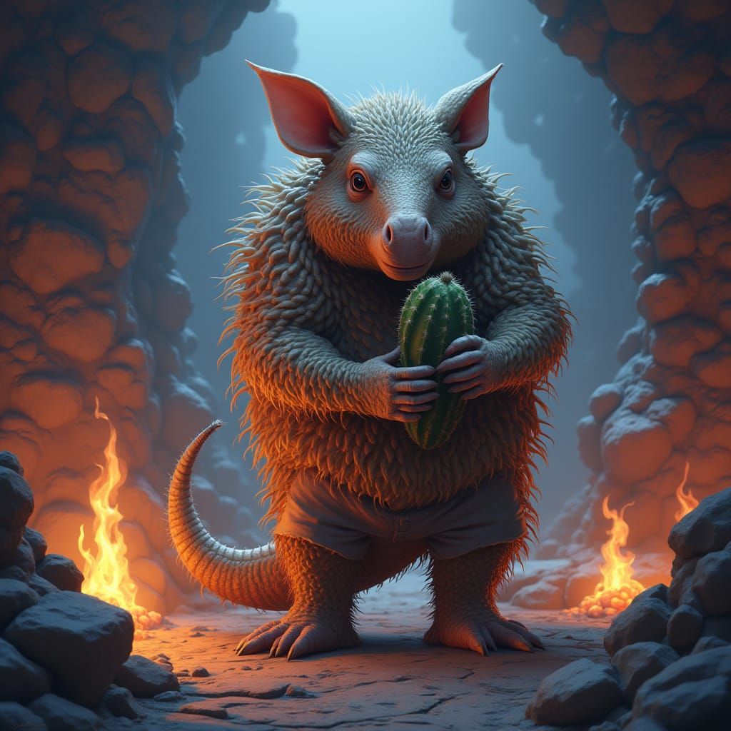 Armadillo Adventurer in Mystical Dungeon: Digital Art