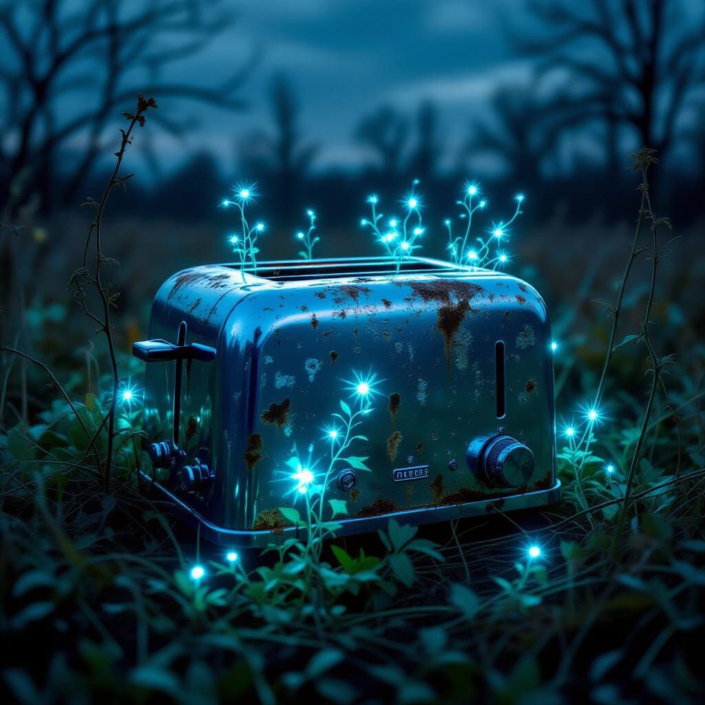 Abandoned Toaster in Bioluminescent Field Under Twilight Sky