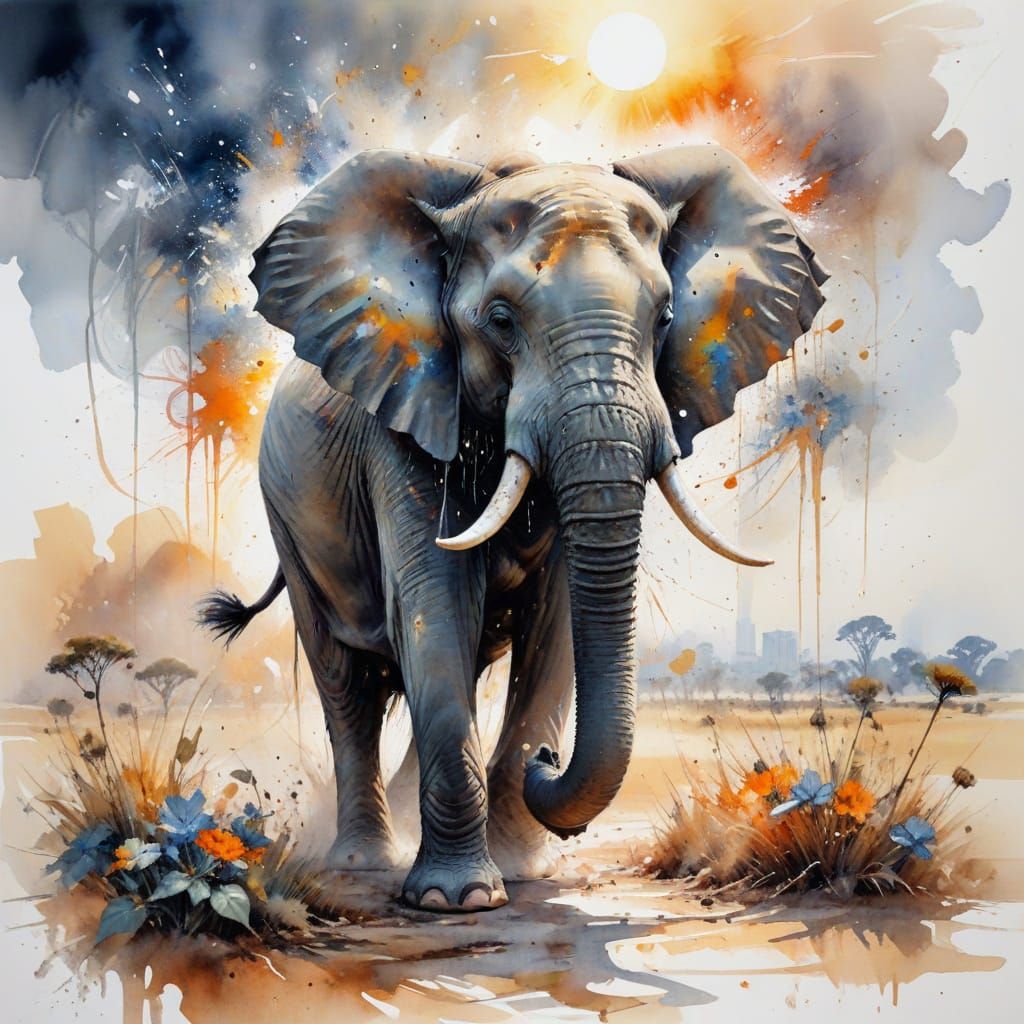 Elephant in Turbulent Savannah Landscape