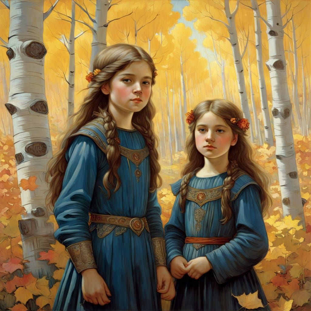 Children in a Sunny Autumn Aspen Grove