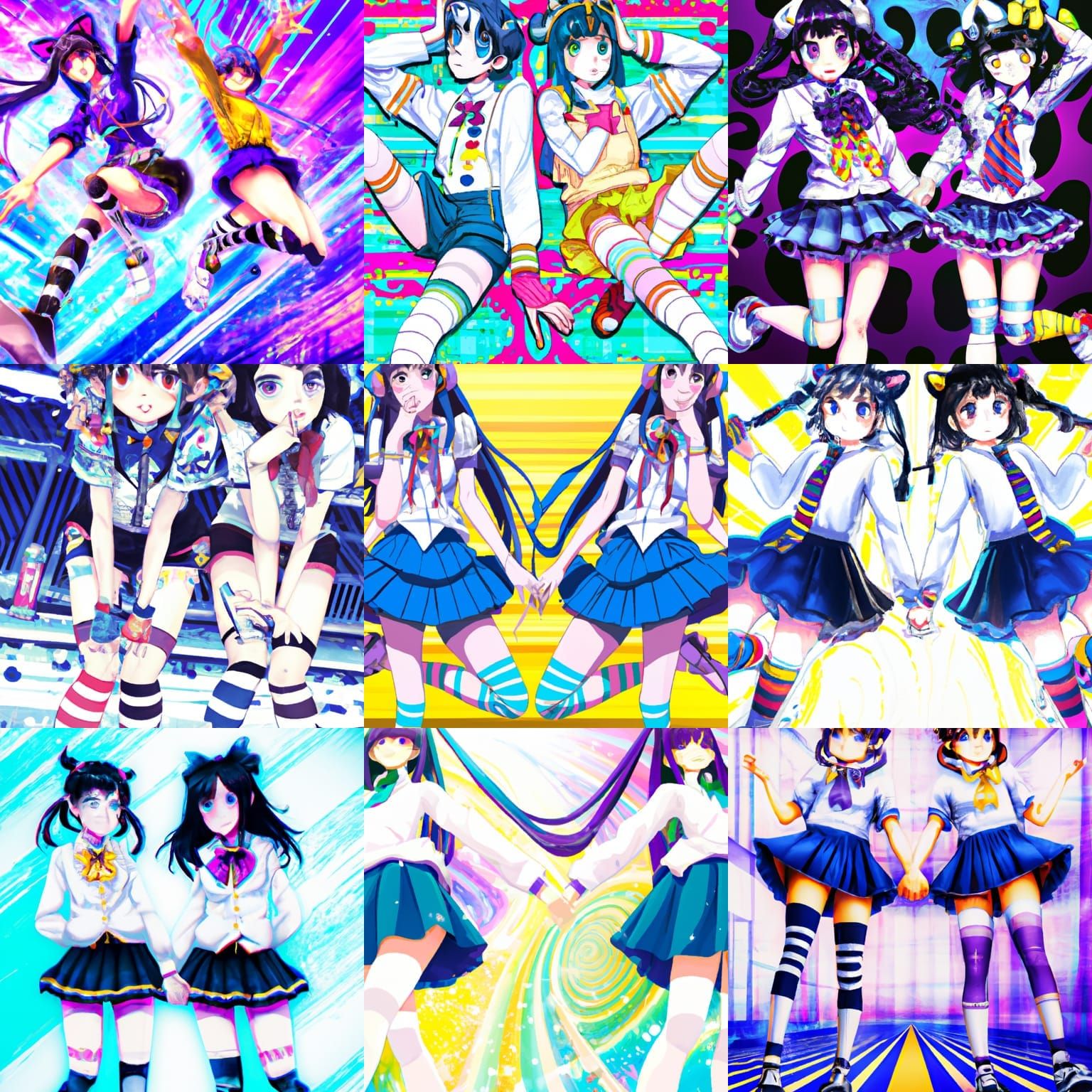 feminine anime transgirl trippy komi san cant communicate cute pose thigh high socks graffiti art two anime girls holdin...