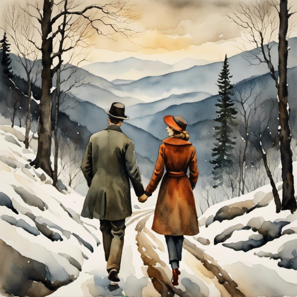 Appalachian Mountain Snow Walk Watercolor Painting