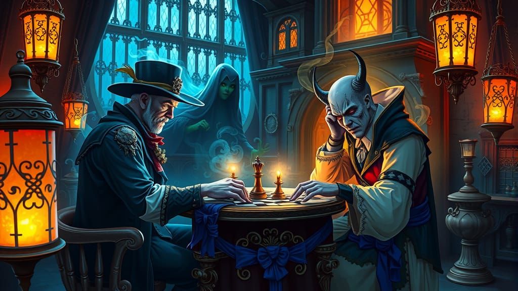 Necromancers' Steampunk Chess Match in Cartoon Style