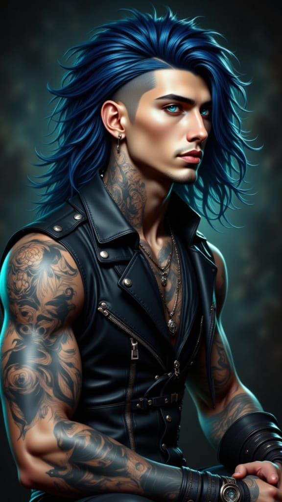 Muscular Tattooed Man with Blue Teal Mullet on Rock Magazine...