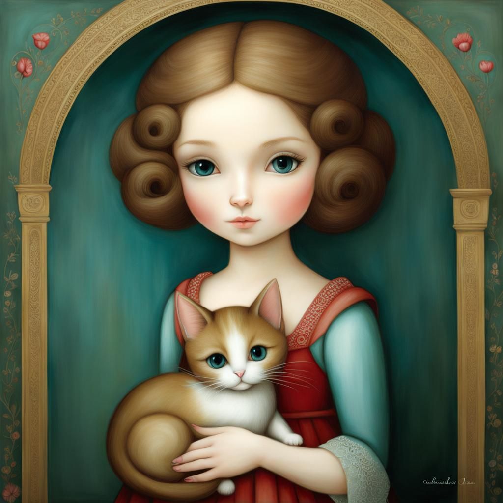 Girl Holding Cat in Whimsical Style