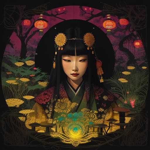 Ornate Japanese Princess Mirrored Reflection: Ukiyo-e Style