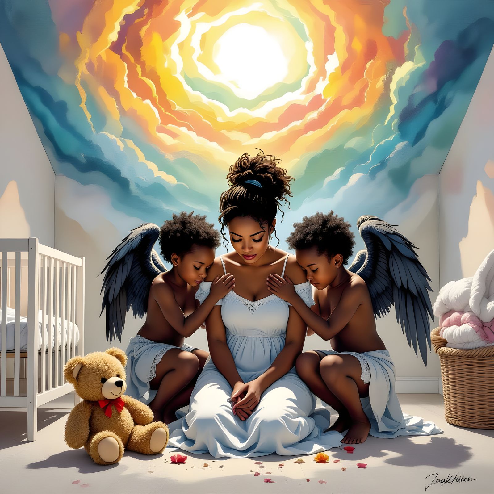 Sorrowful Woman Embraced by Angels in Dreamlike Heaven