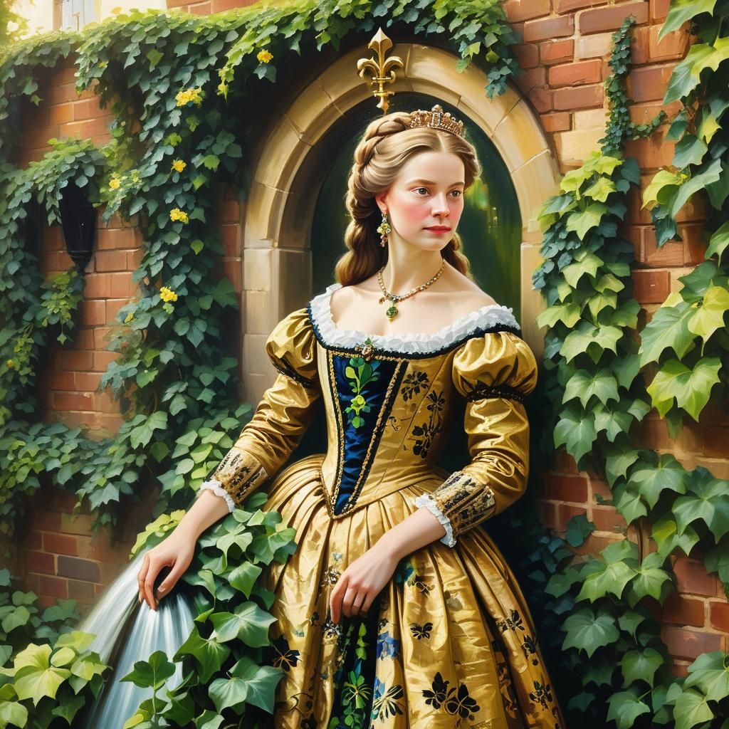 Prussian Queen in Flower Garden: Vermeer-Inspired Portrait