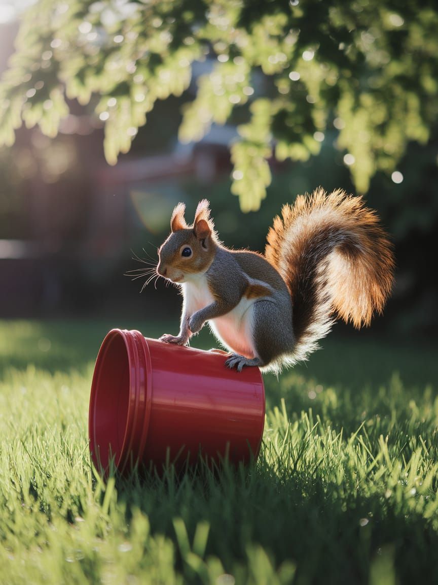 Mischievous Squirrel's Humorous Bucket Prank in Sunlight