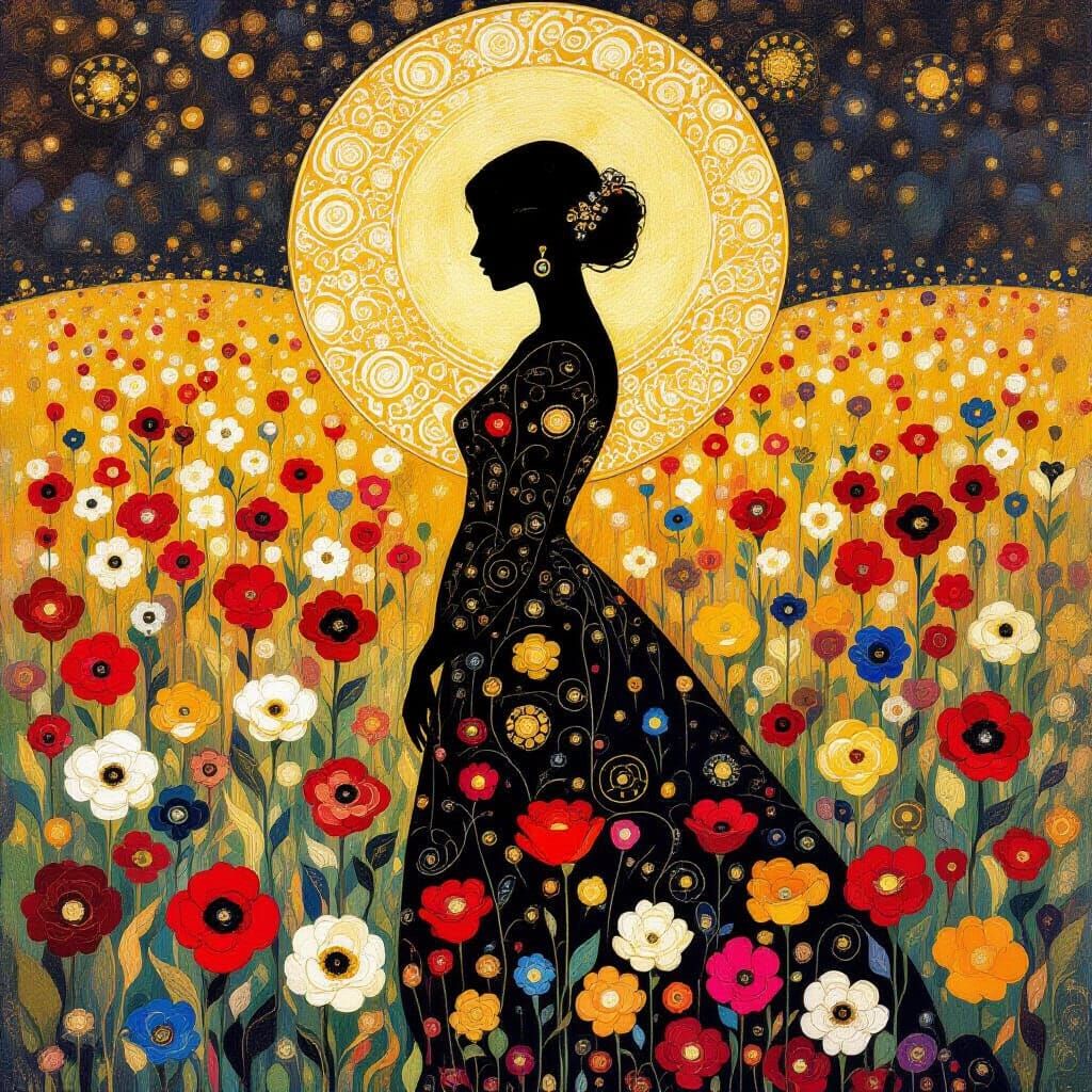Woman's Silhouette in a Klimt-Inspired Floral Landscape