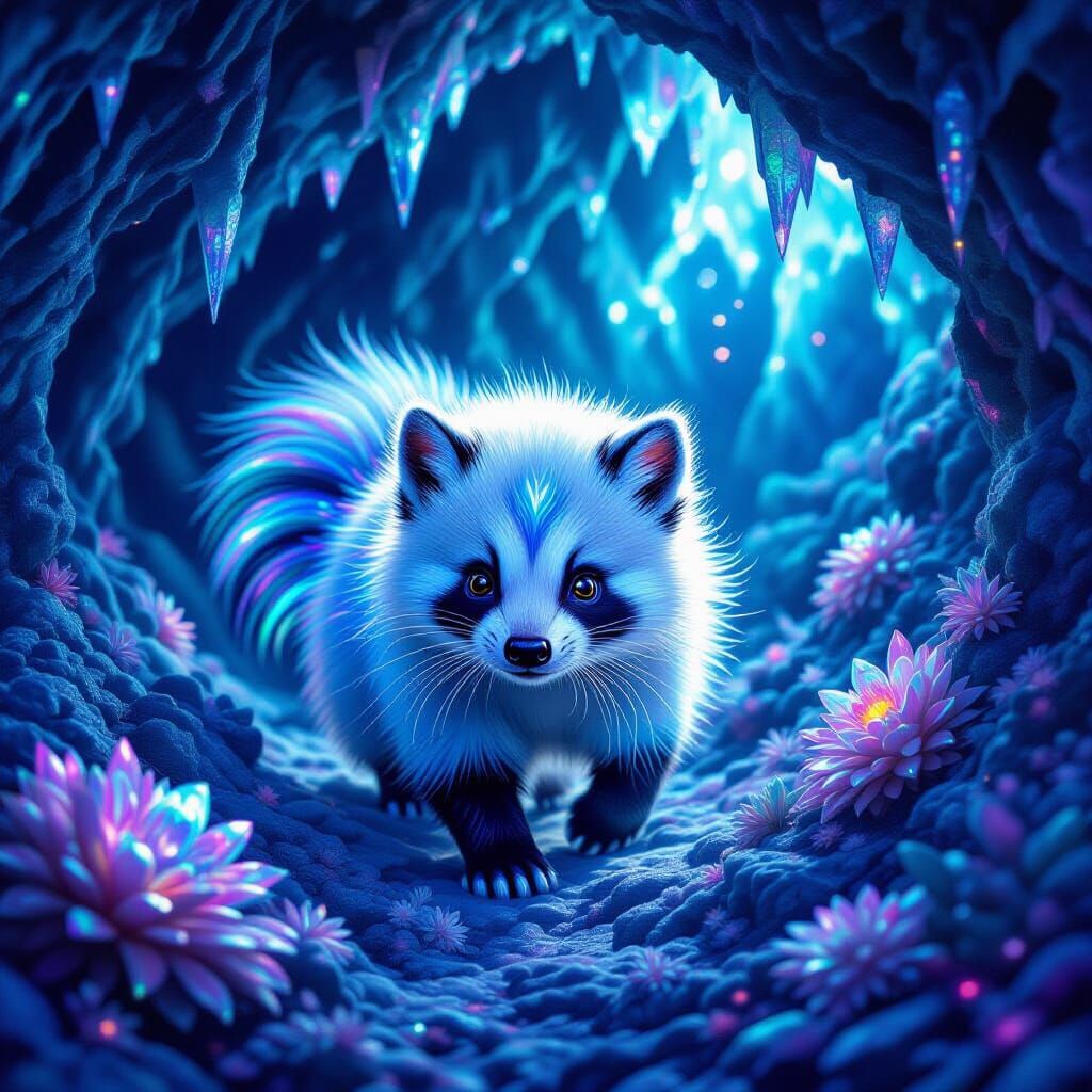 Bioluminescent Snow Skunk in Crystalline Cave
