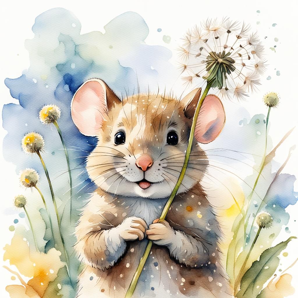 Fluffy Mouse and Dandelion: Watercolor Illustration