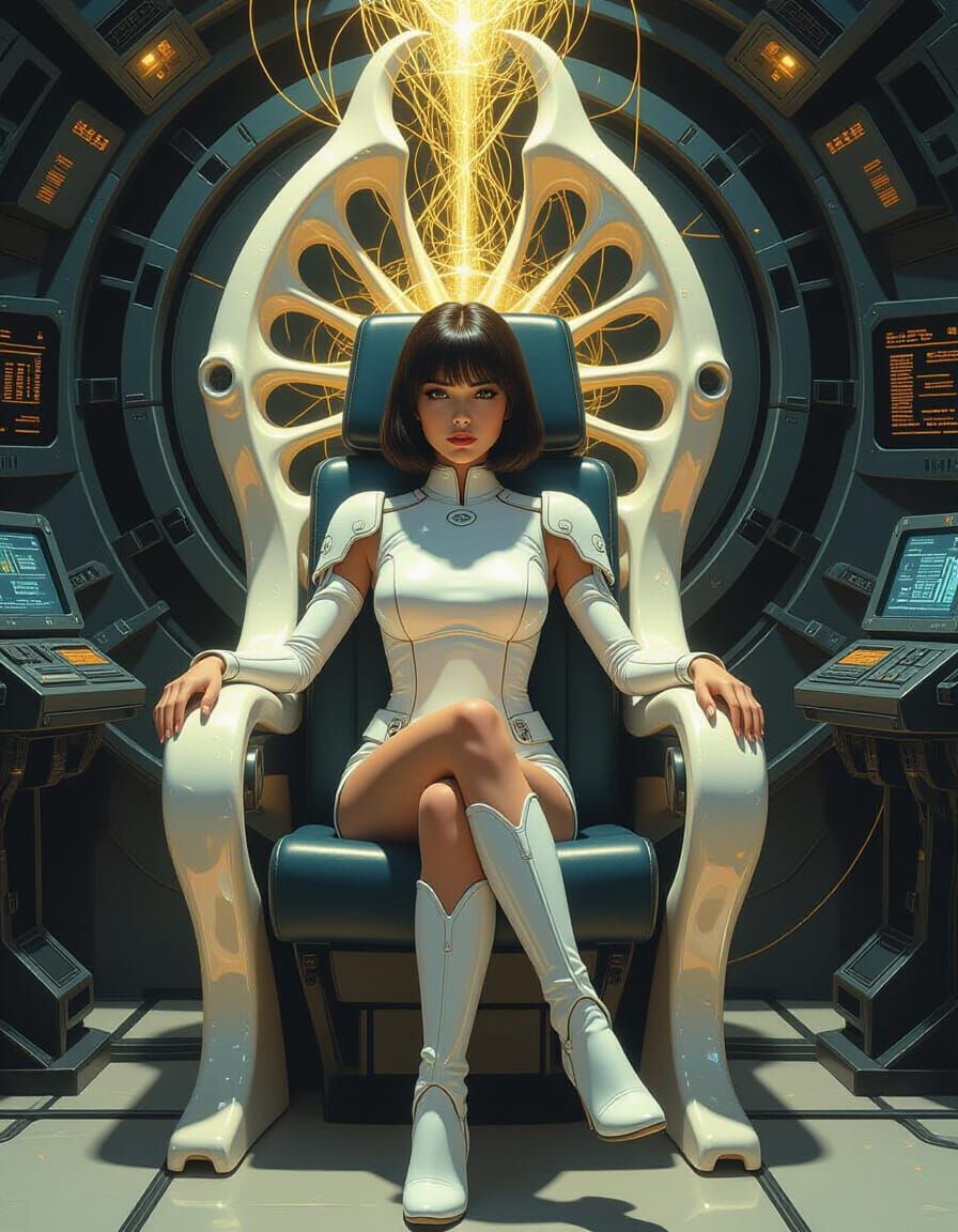 Biomechanical Starship Cockpit with Ethereal Pilot