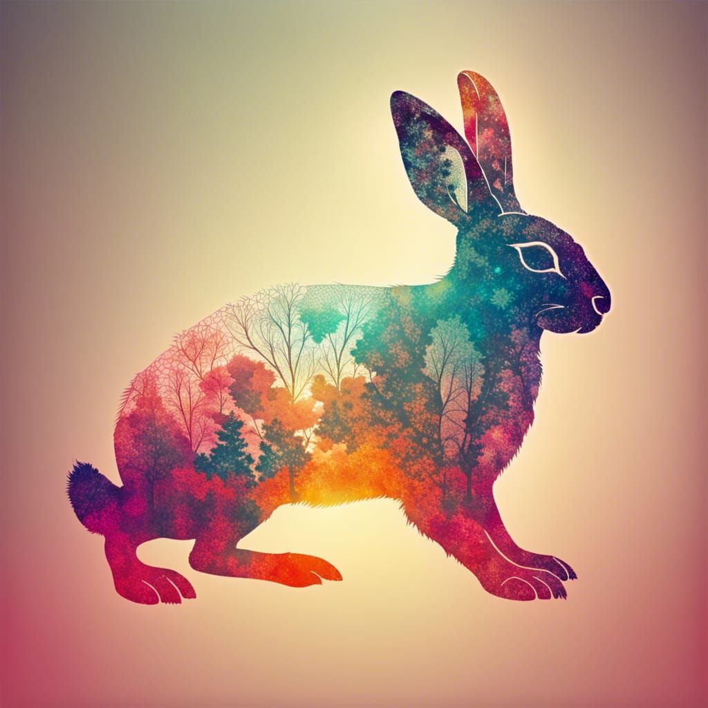 Colorful Double Exposure Rabbit Silhouette Portrait