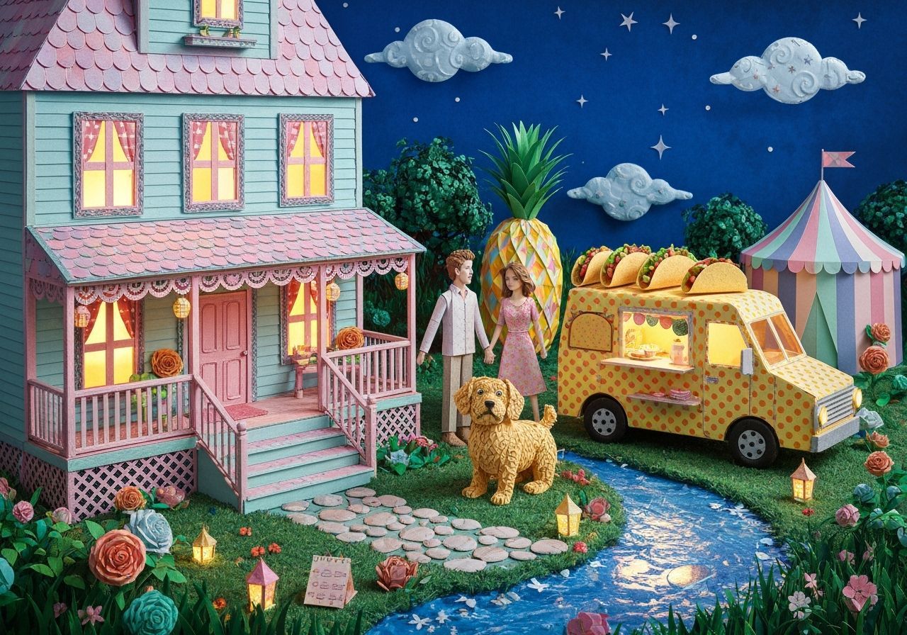 Origami Sanctuary with Glowing Paper House and Taco Truck