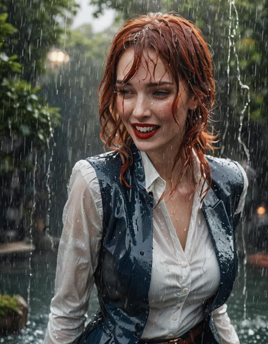 Glamorous Woman Laughing in the Rain, Detailed Digital Art