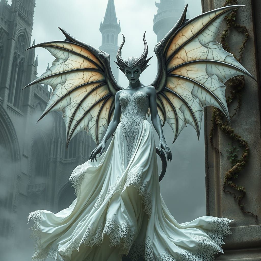 Gothic Female Gargoyle Unfurls from Haunted Castle