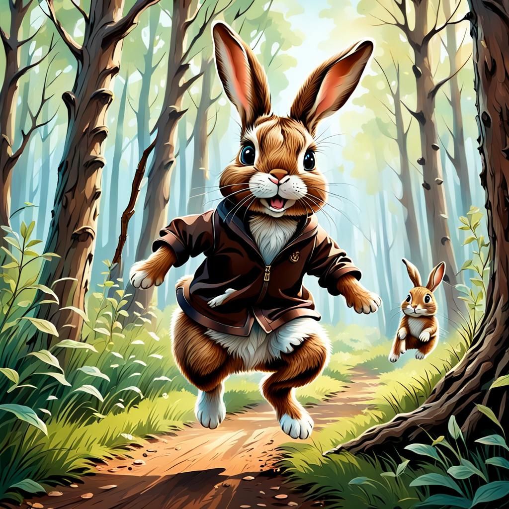 Adorable Bunny and Woman in Hyperrealistic Forest