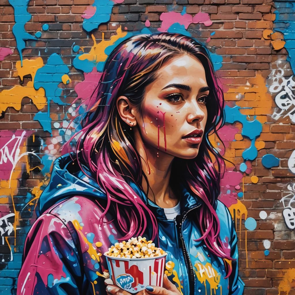 Colorful Graffiti Portrait of Girl Eating Popcorn