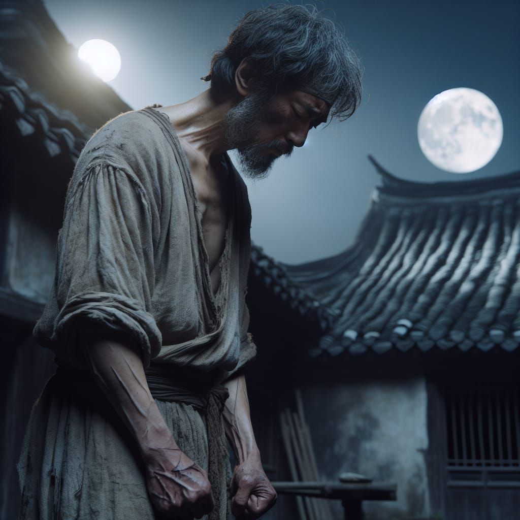 Sorrowful Man in Feudal China Under Moonlight