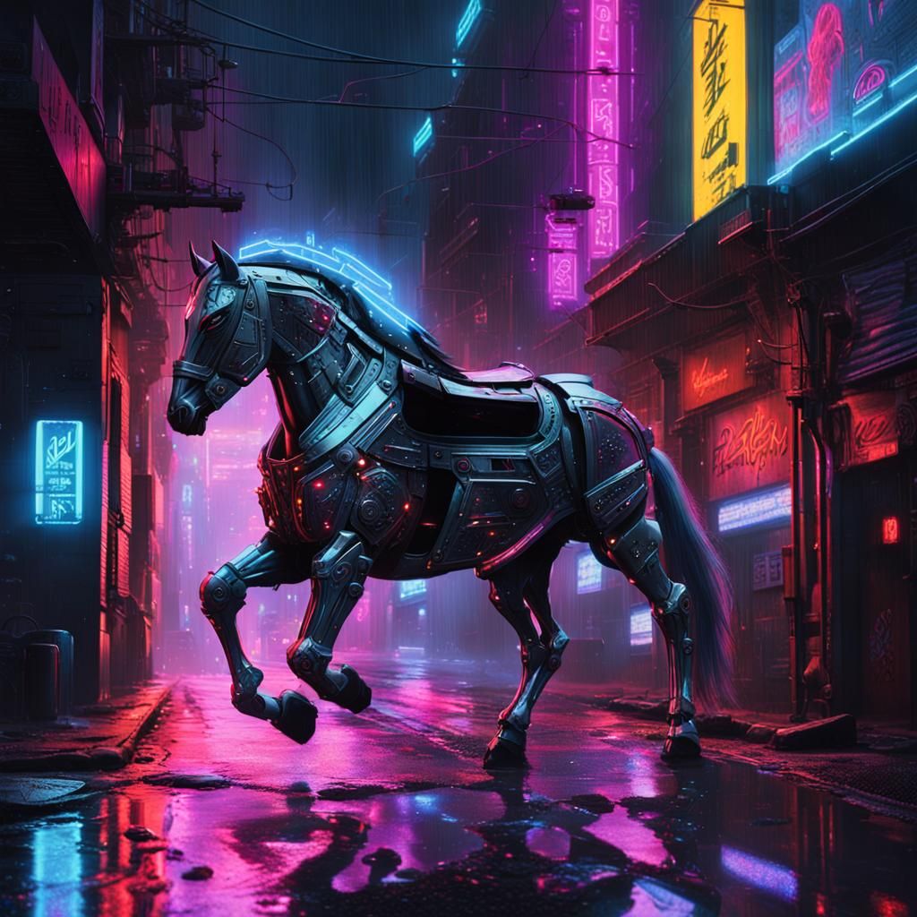 Cyberpunk Horse in Neon Lit Alleyway