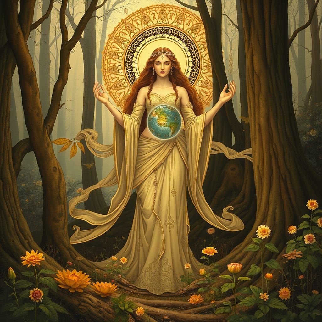 Mystical Goddess Emerges from Lush Forest Landscape
