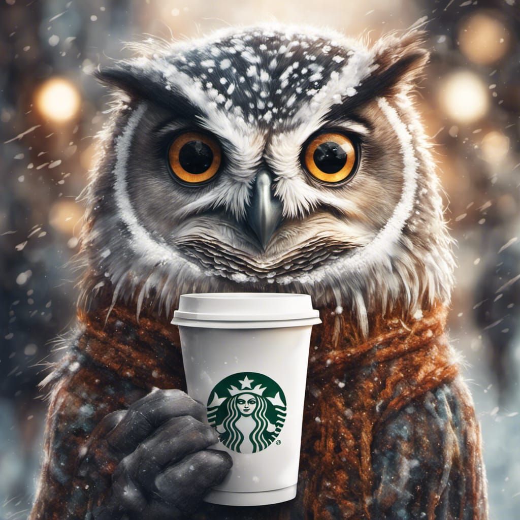 Adorable Owl in Sweater with Starbucks Cup