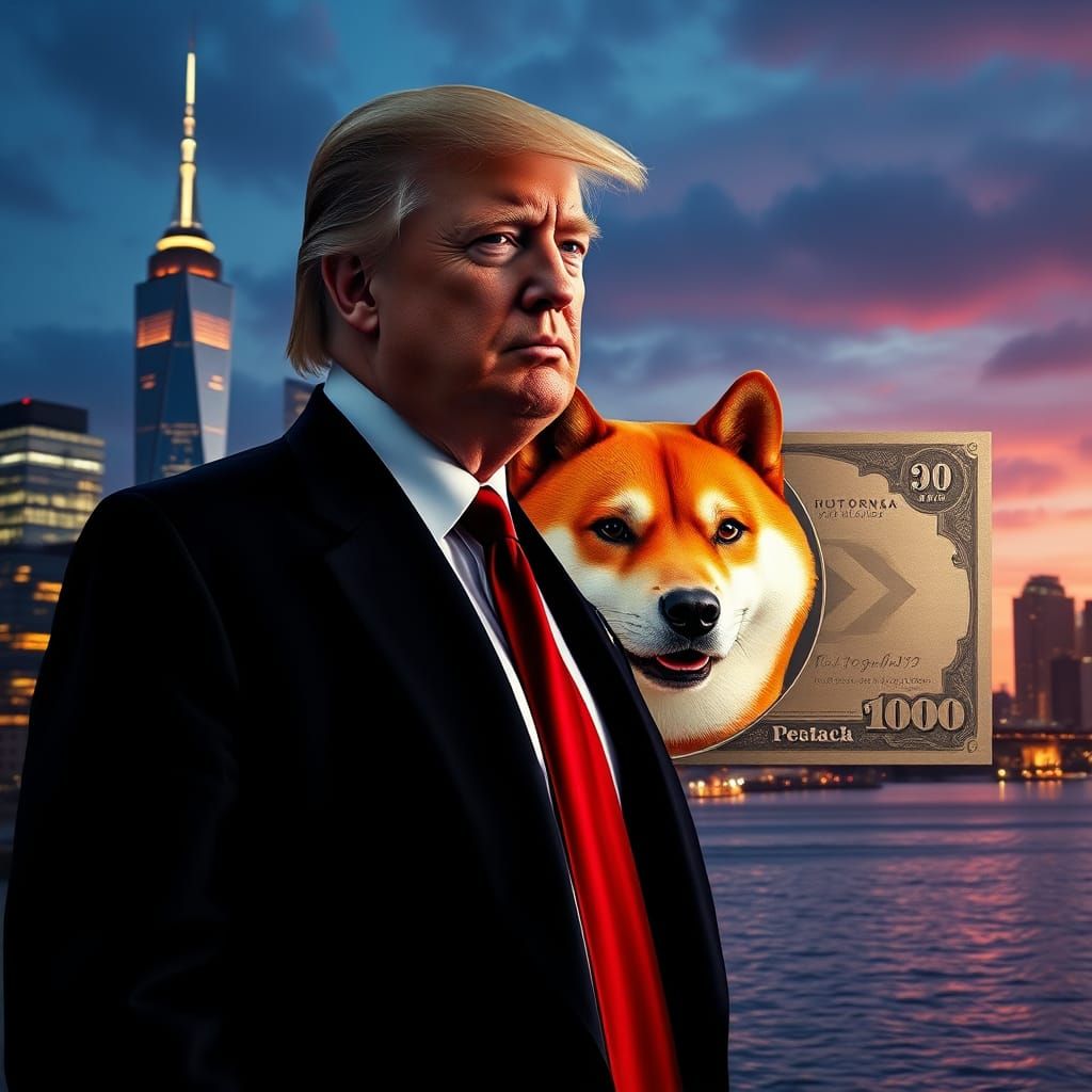 Confident Trump in Futuristic New York City with Giant DOGE