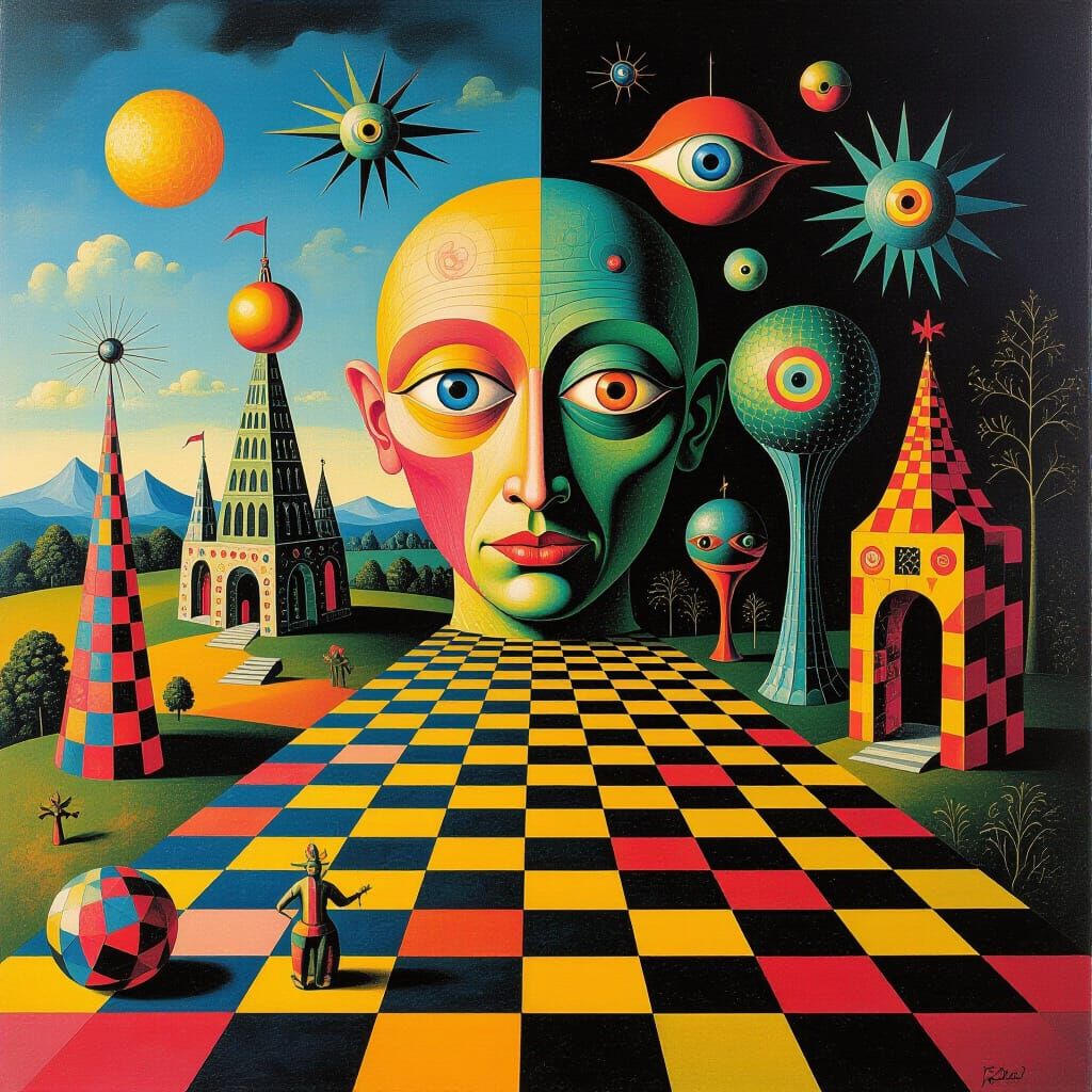Surreal Chessboard with Grotesque Creatures