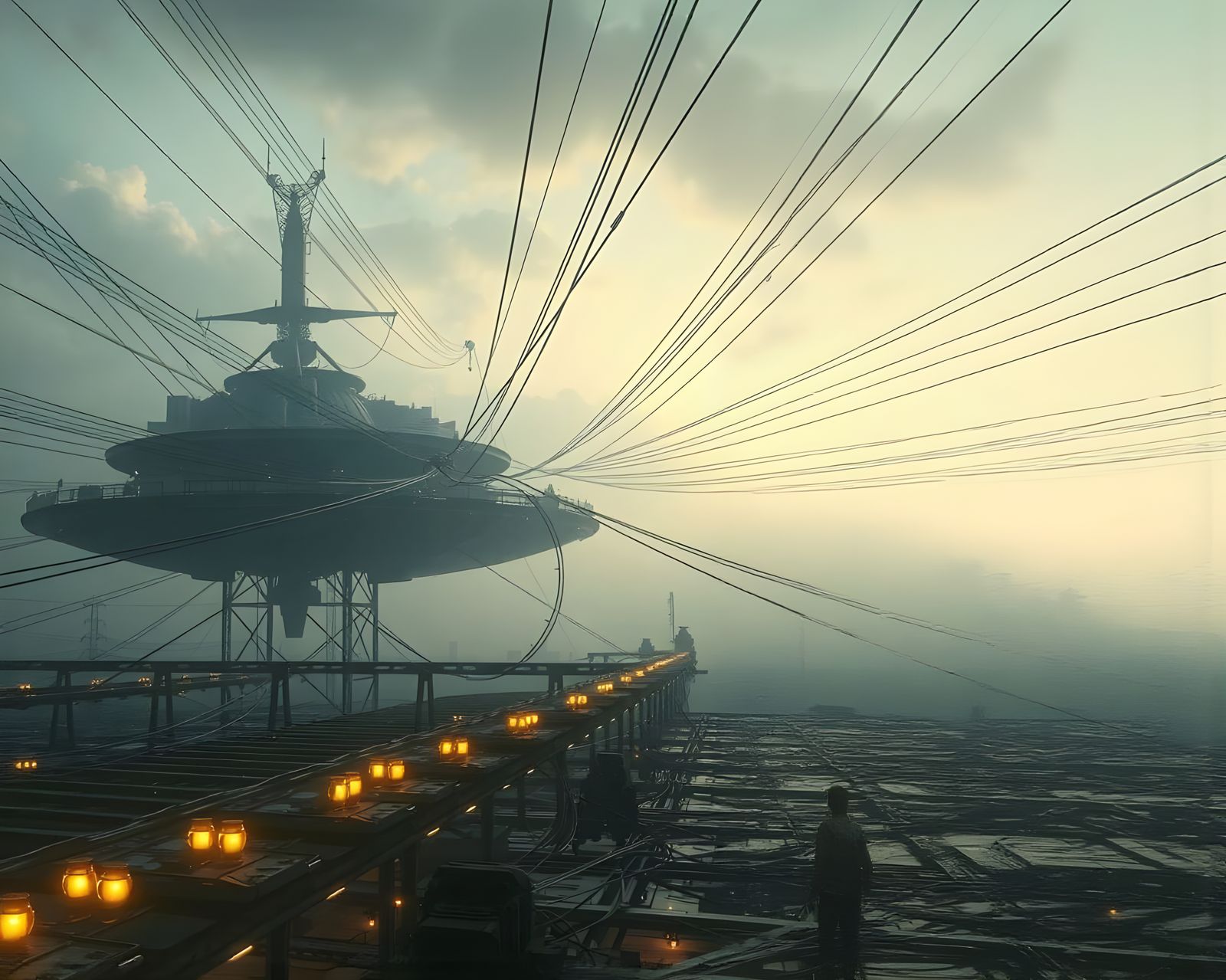 Cyberpunk Floating City Connected by Wires