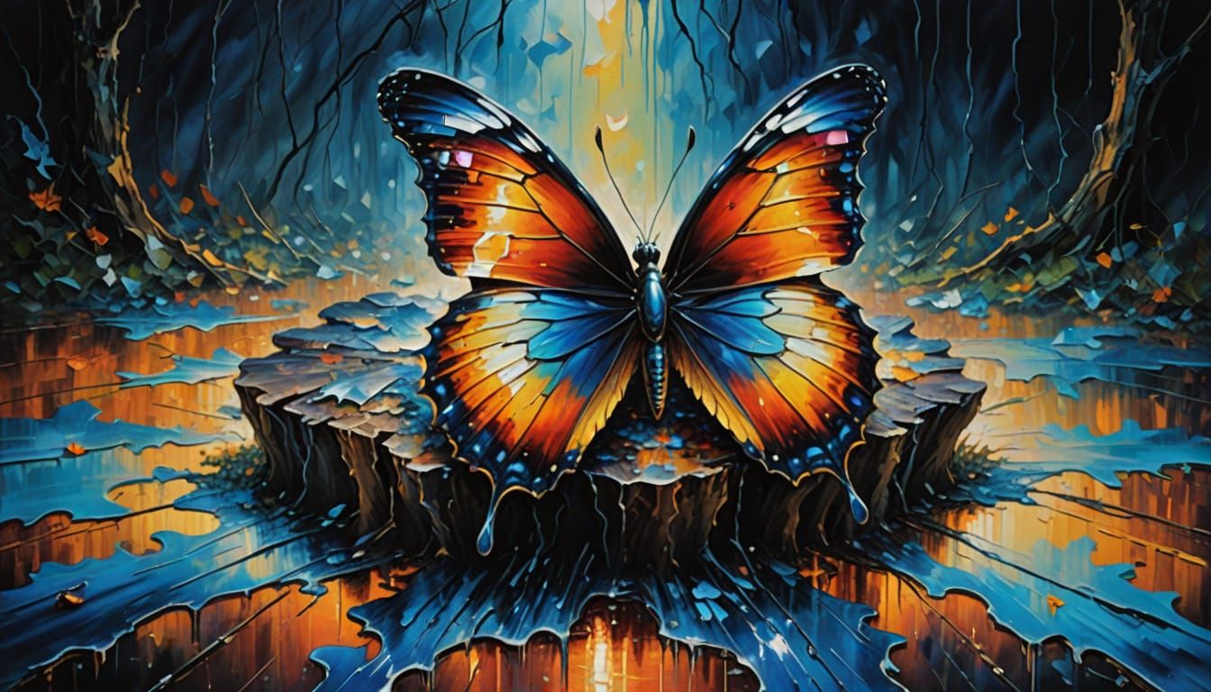 Surreal Impasto Masterpiece: Molten Butterfly in a Fractured...