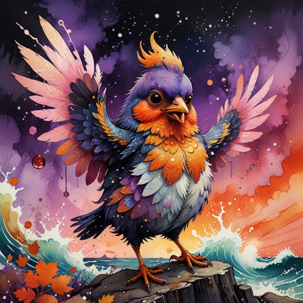 Grumpy Chibi Robin Chicken Alien in Sunset