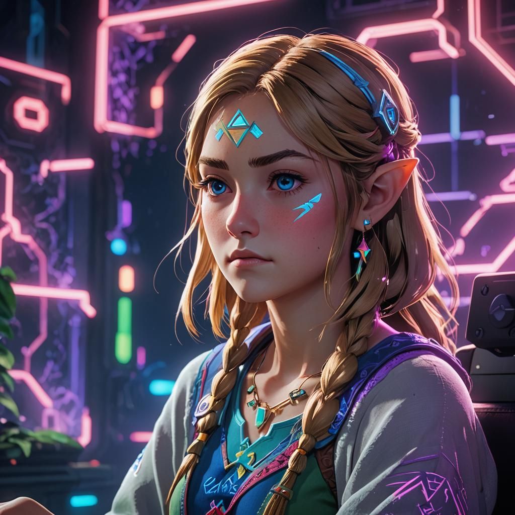 Zelda Immersed in Video Game on PS5, 3D Render