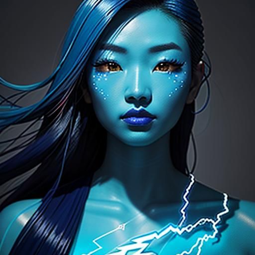 Asian Woman Radiates Power in Electric Blue Hues