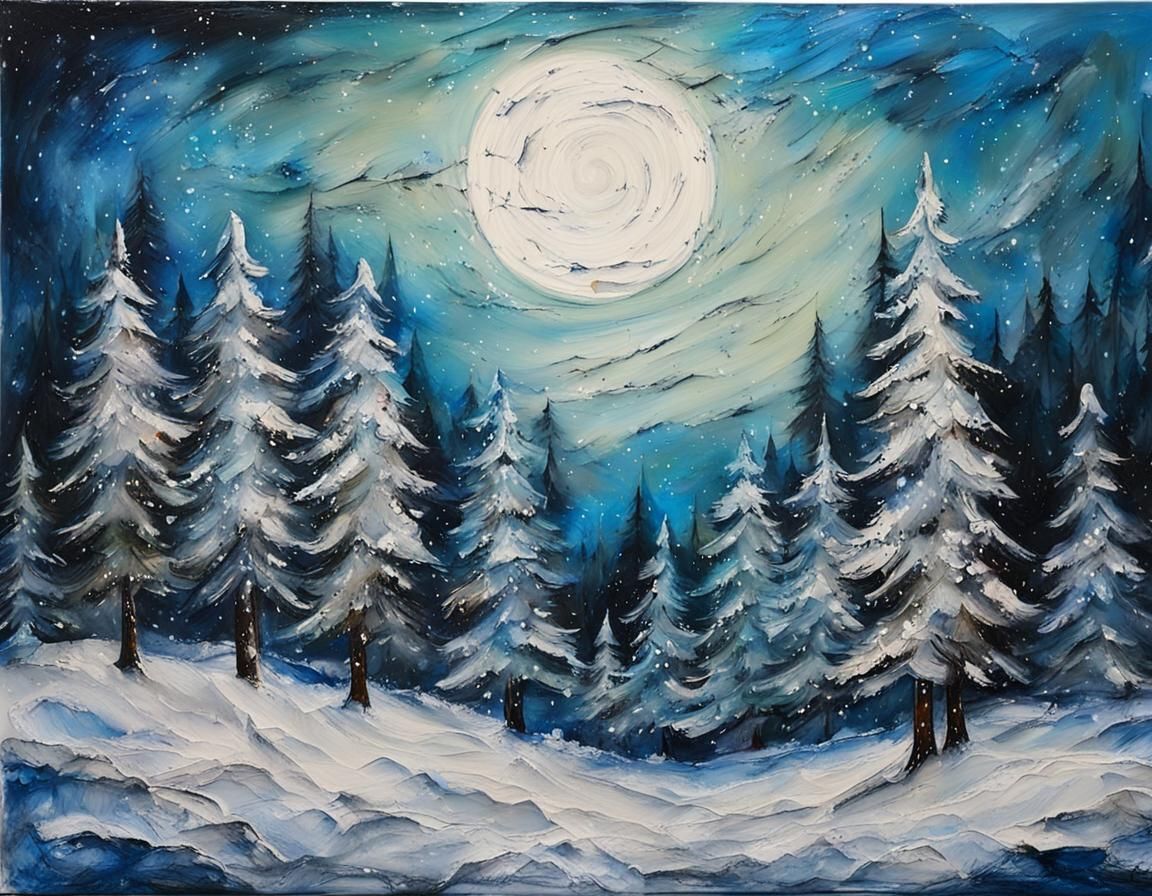 Moonlit Snowy Forest in Oil Painting Style