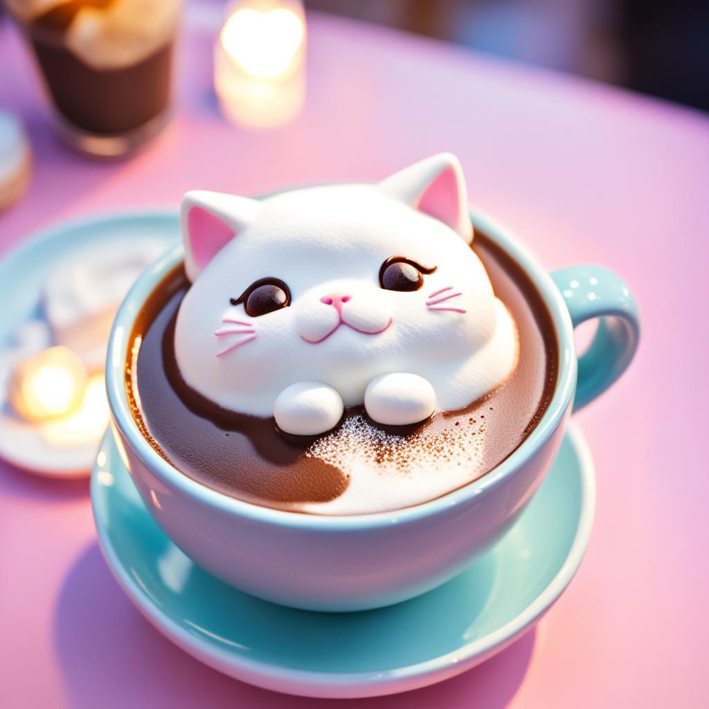Marshmallow kitty in hot chocolate.