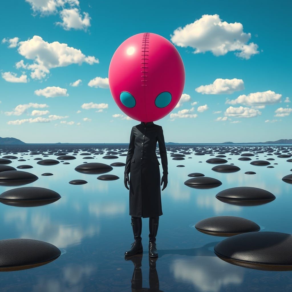 Mysterious Figure in Futuristic Dreamscape with Pink Balloon...