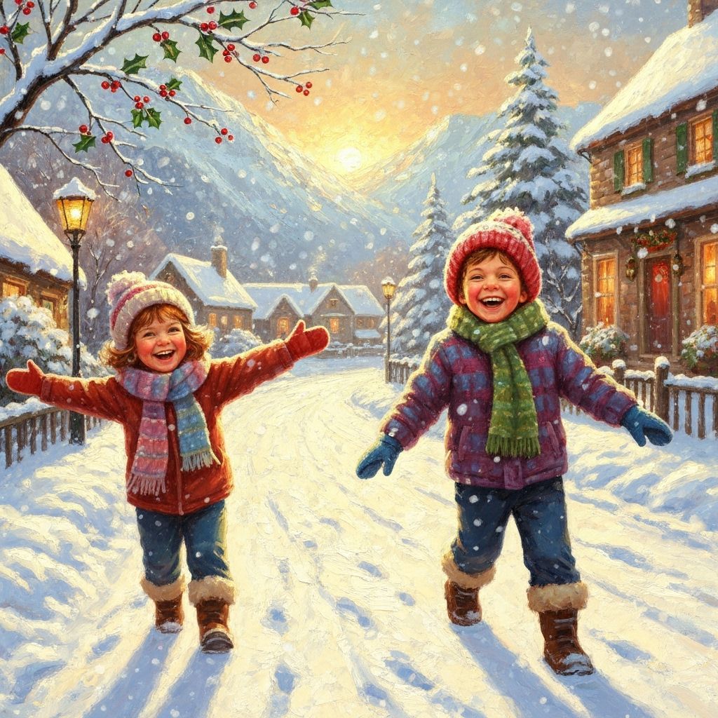 Children Play in Snowy Village during Golden Hour