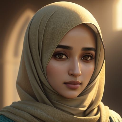 Portrait of Muslim Woman in Hijab in Oil Painting Style