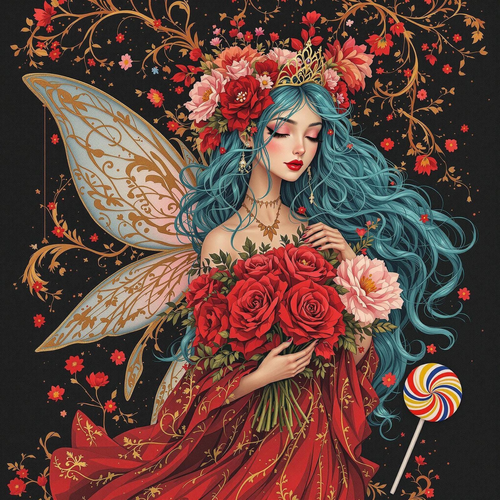 Whimsical Fairy in Red Gown with Floral Crown
