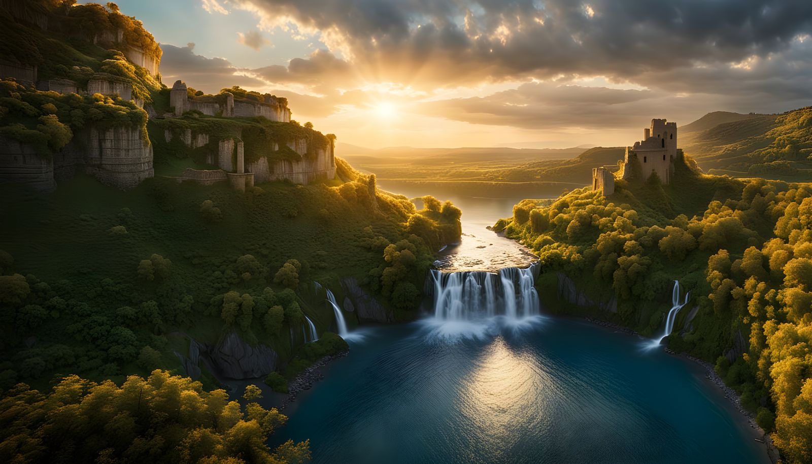 Epic Fantasy Waterfall Landscape at Sunrise