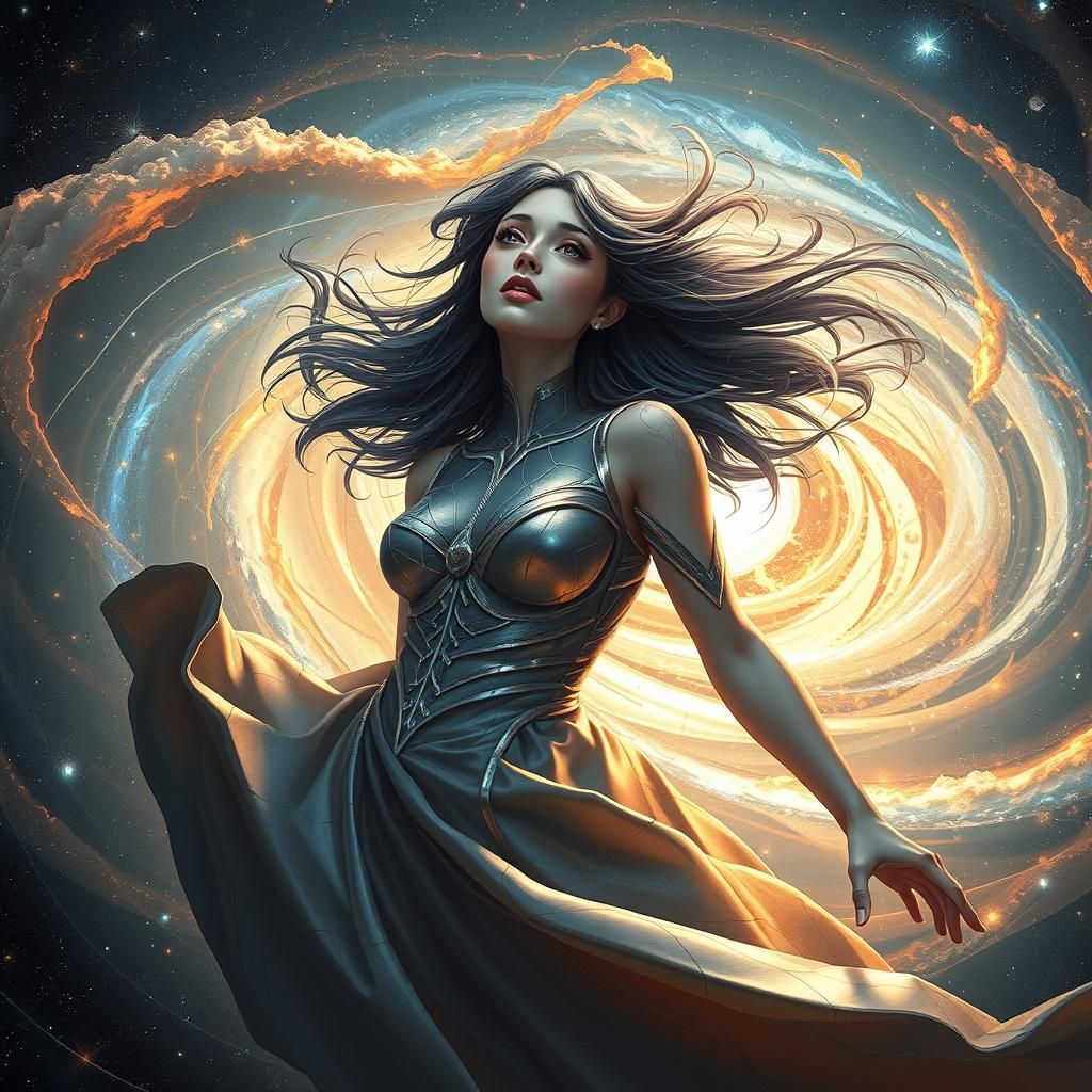 Ethereal Woman in Futuristic Dress Amidst Galaxy