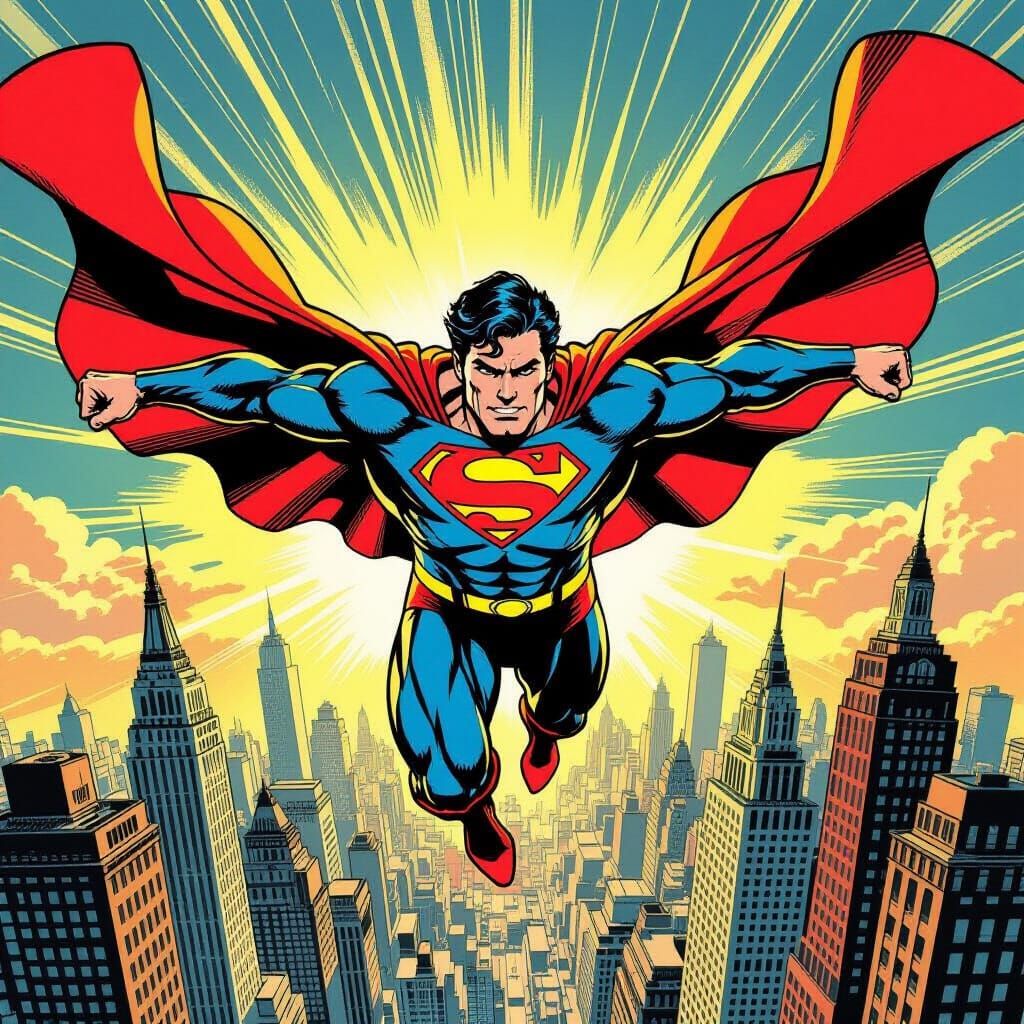 Superman Soars Towards Viewer in Retro Comic Art Style