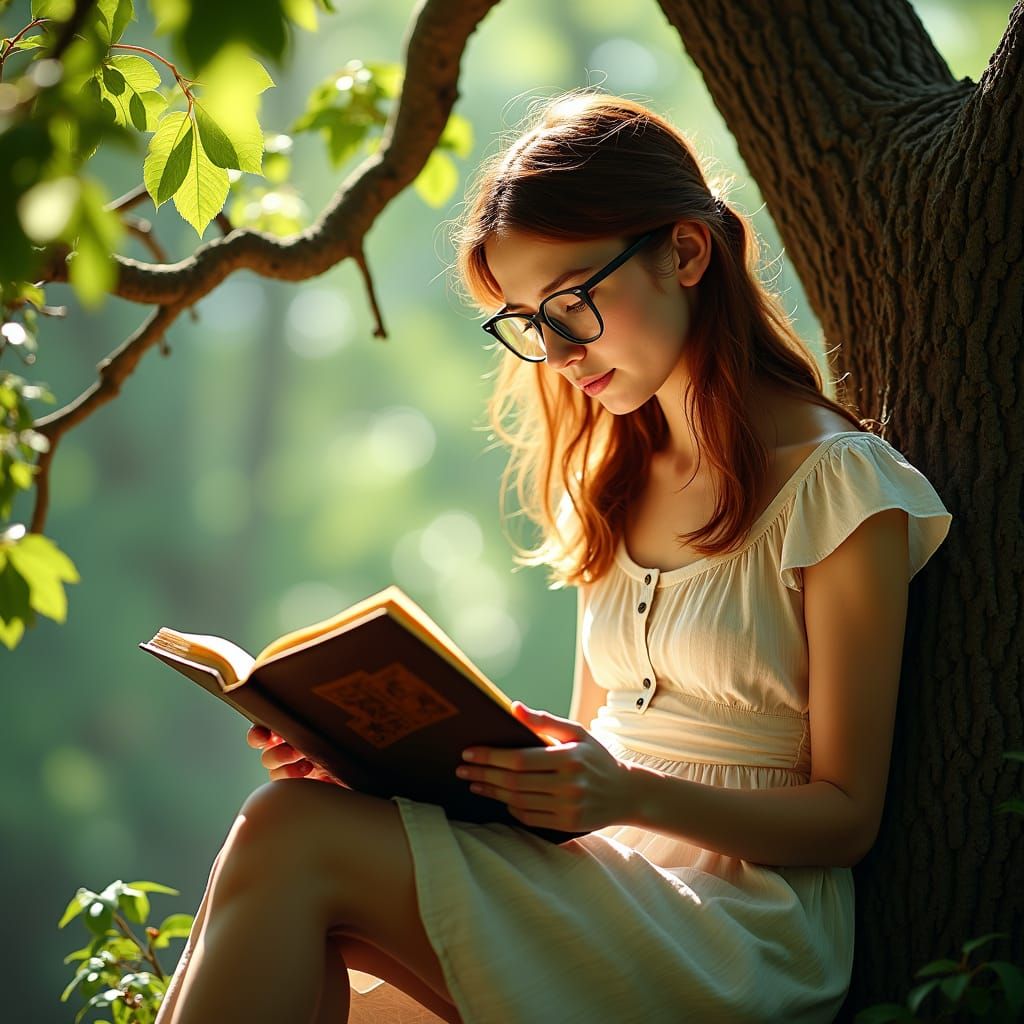 Woman Reading Book on Tree Branch in Sunlight