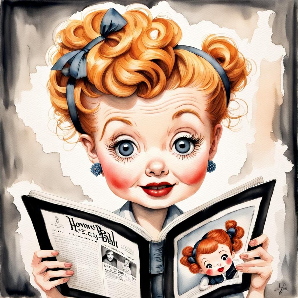 Chibi Lucille Ball Reading a Magazine in Watercolor