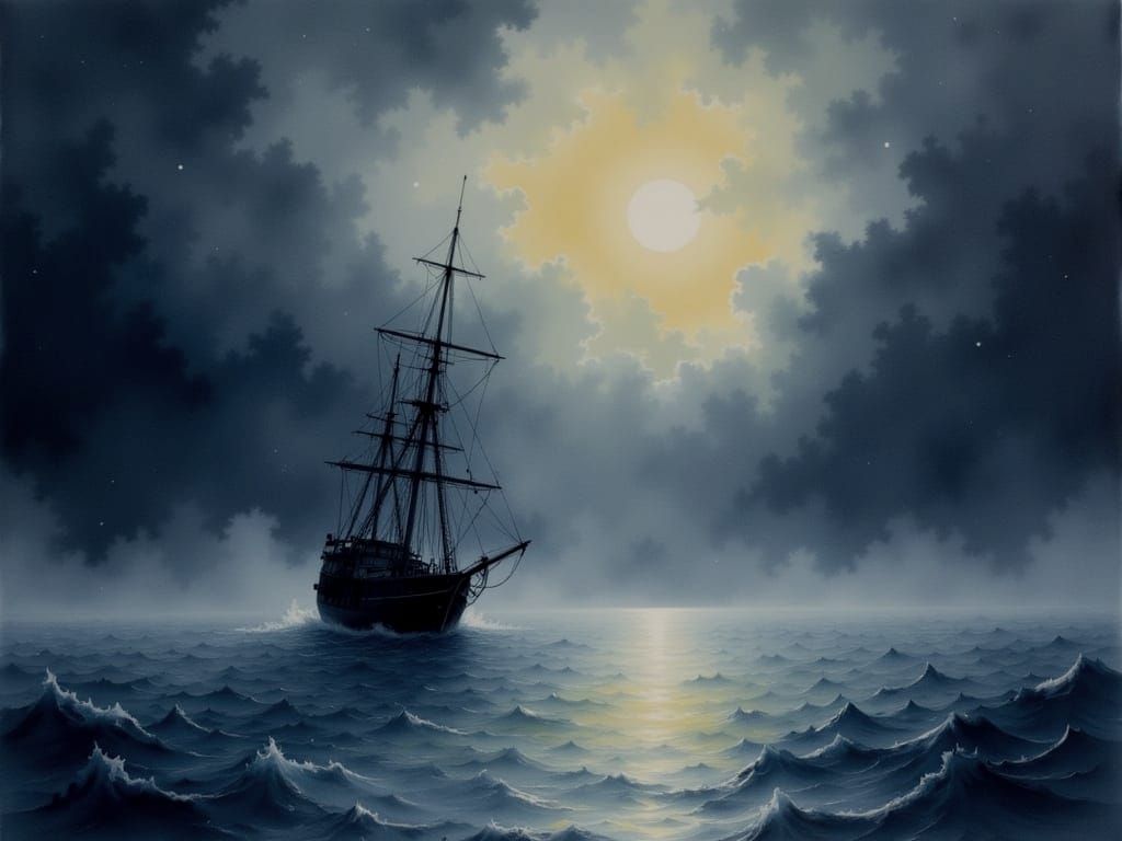 Ethereal Moonlit Seascape with Abandoned Wrecked Ship