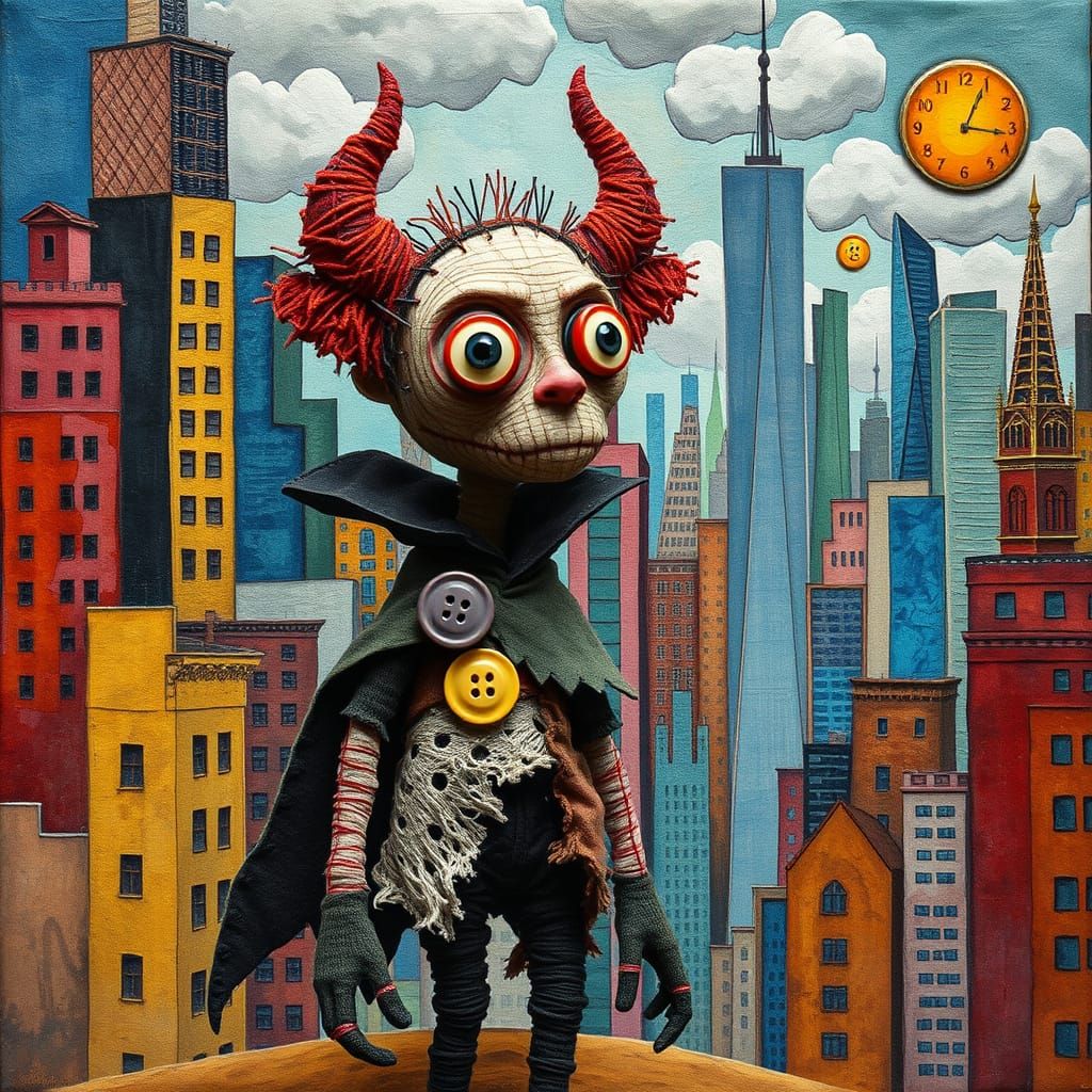 Whimsical Patchwork Vampire Explores Surreal Cityscape in Cu...